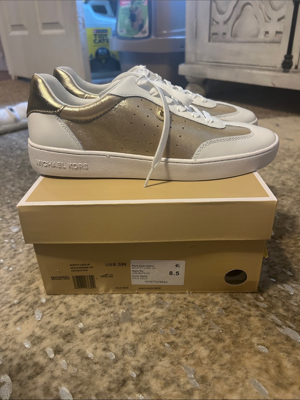 Michael Kors White and Gold Leather Low-Top Sneakers
